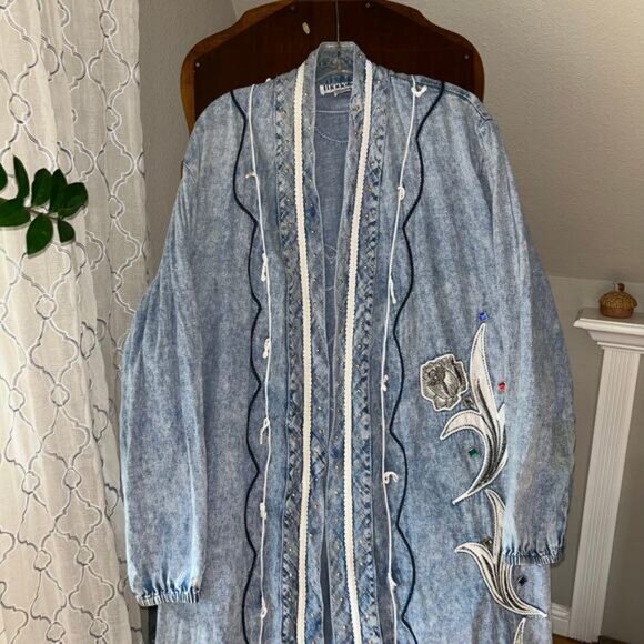 Vintage Modelle Designs 1980s Embroidered AcidWash Denim Duster Jacket Large - Picture 2 of 13